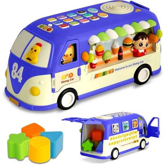 Jucarie educationala , din plastic, sprijina invatarea, alfabetul, numararea, numele animalelor, formele si culorile, cu lumini si sunete, forma de autobuz, albastru. - 5- Roveli