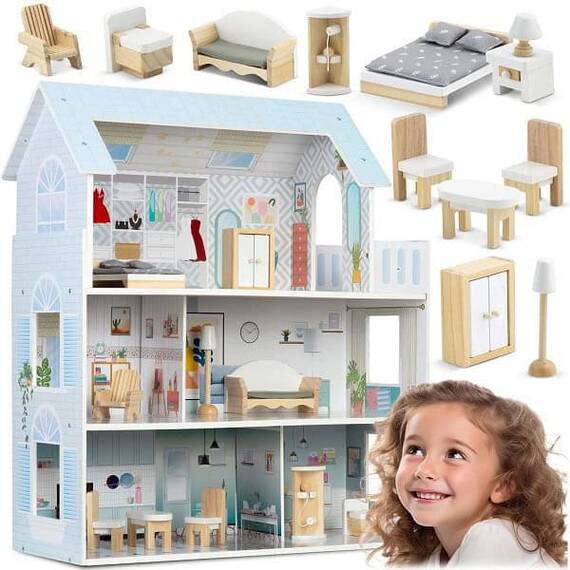 ​Casuta de papusi , din lemn si placa MDF, cu 3 etaje, 11 piese de mobilier, dus, dulap, lampa, fotoliu, 5 camere si terasa, aranjamente interesante, 70 x 60 x 24 cm, albastru - 2- Roveli