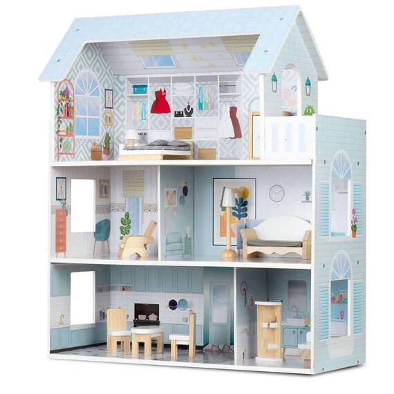 ​Casuta de papusi , din lemn si placa MDF, cu 3 etaje, 11 piese de mobilier, dus, dulap, lampa, fotoliu, 5 camere si terasa, aranjamente interesante, 70 x 60 x 24 cm, albastru - - Roveli