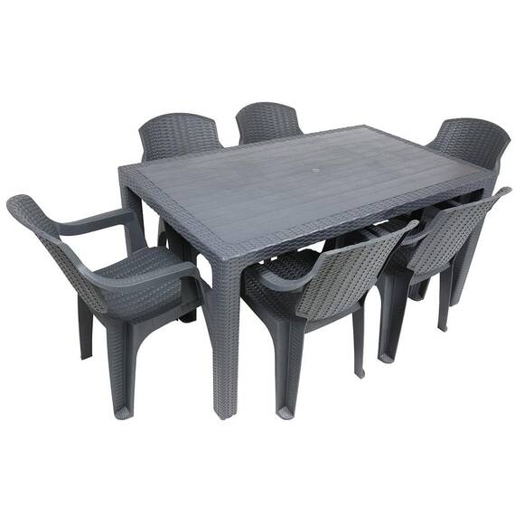 Set masa DacEnergy©, fabricat din polipropilena, cu model impletitura de ratan, forma dreptunghiulara, cu 6 scaune, pentru interior/ exterior, 150 x 90 x 74 cm, gri - - Roveli