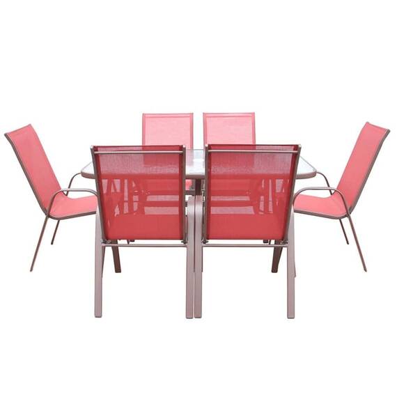 Set masa dreptunghiulara pentru gradina DacEnergy©, din metal, textilen, sase scaune fixe, spatar inalt, masa din otel, blat de sticla securizata, 150x90x72 cm - - Roveli