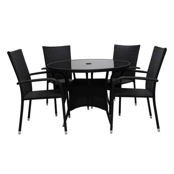 Set masa rotunda pentru gradina DacEnergy©, structura metalica, blat de sticla, 4 scaune, otel si ratan sintetic, include perne din poliester, negru - - Roveli