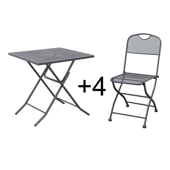 Set masa patrata pentru gradina DacEnergy©, din metal, cu blat sticla, 4 scaune pliante, gri, 70 x 70 x 70.5 cm - - Roveli