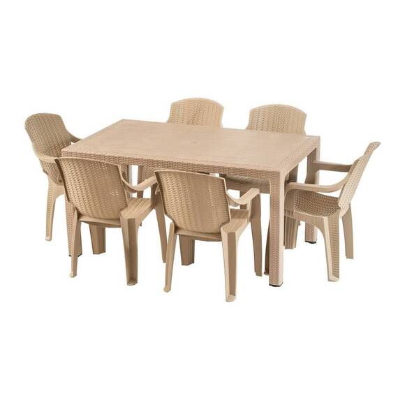 Set masa DacEnergy©, fabricat din polipropilena, cu model impletitura de ratan, forma dreptunghiulara, cu 6 scaune, pentru interior/ exterior, crem - - Roveli