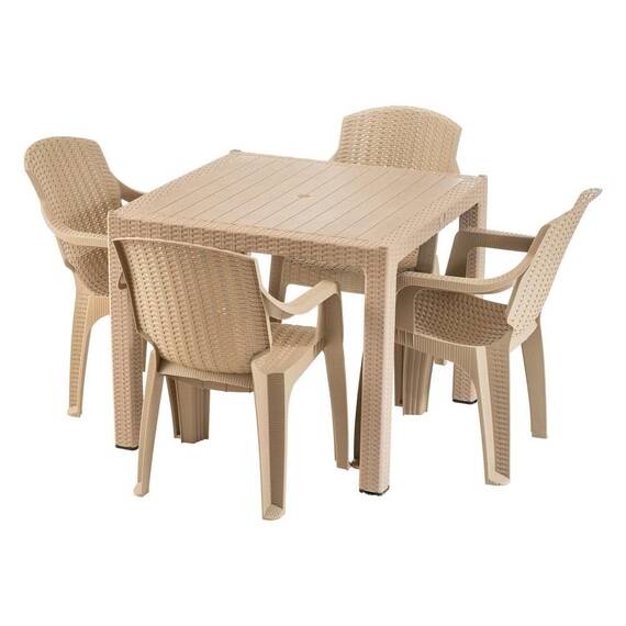 Set masa DacEnergy©, fabricat din polipropilena, cu model impletitura de ratan, forma patrata, cu 4 scaune, pentru interior/ exterior, crem - - Roveli