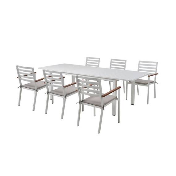 Set masa dreptunghiulara DacEnergy©, masa extensibila, scaune fixe, realizat din aluminiu, 245/183 x 90 x 75 cm, cu 6 scaune cu perne - - Roveli