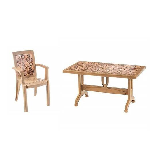 Set masa DacEnergy©, confectionat din polipropilena, forma dreptunghiulara, cu model imprimat, fixa, 6 scaune, rezistenta la umezeala, 140 x 73 x 80 cm, teak - - Roveli
