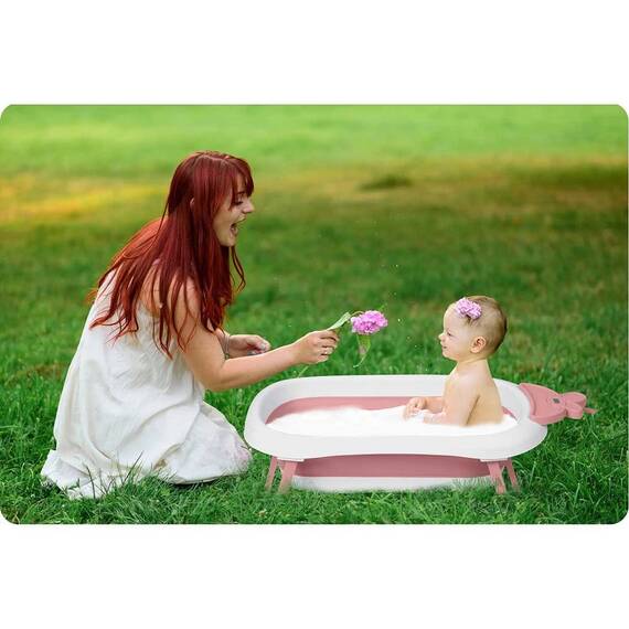 Cada de baie pentru bebelusi, realizata din plastic, cu termometru, pliabila, picioare antiderapante, design ergonomic, alb si roz - 3- Roveli
