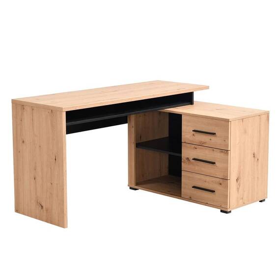 Birou DacEnergy©, din PAL melaminat, stil modern, design functional, de colt, 3 sertare, 3 rafturi, stejar artisan si negru, 137.5 x 75 x 101.5 cm - - Roveli