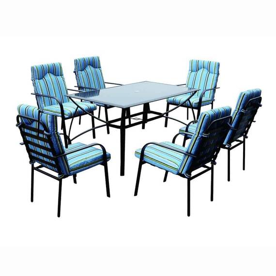 Set masa dreptunghiulara DacEnergy©, structura din otel, blat de sticla, 6 scaune cu perne, 150 x 90 x 72 cm, albastru - - Roveli