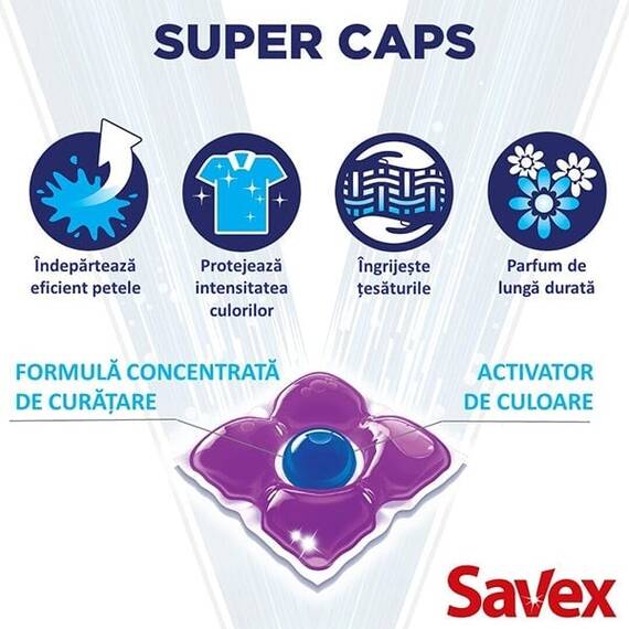 Detergent de rufe capsule Savex Super Caps, curatare puternica, Color, 42 capsule - 2- Roveli