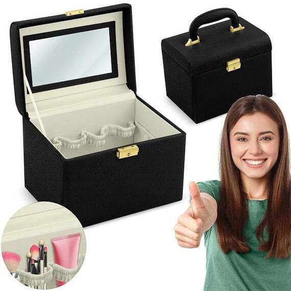 Geanta organizatoare cosmetice DacEnergy©, piele ecologica, rezistent la abraziune, cu cheie, oglinda, compartimente practice, 22,5x 16,5 x 17,2 cm, neagra - 2- Roveli