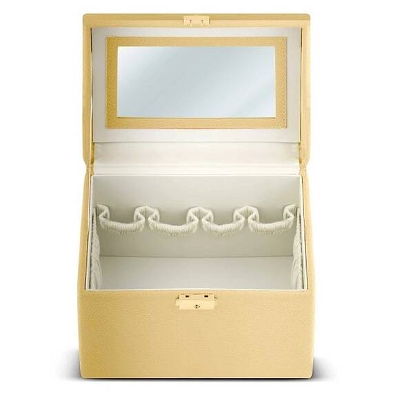 Geanta organizatoare cosmetice DacEnergy©, piele ecologica, rezistent la abraziune, cu cheie, oglinda, compartimente practice, 22,5x 16,5 x 17,2 cm, auriu ​ - 2- Roveli