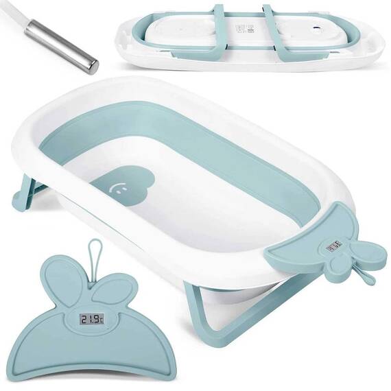 Cada de baie pentru bebelusi , realizata din plastic, cu termometru, pliabila, picioare antiderapante, design ergonomic, alb si albastru - 2- Roveli