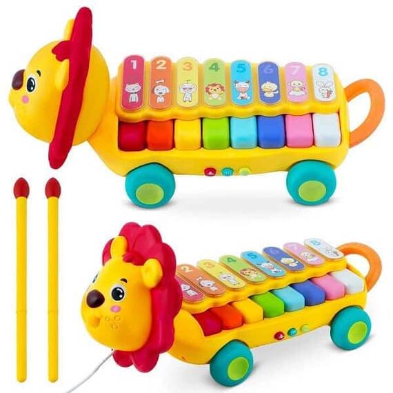 ​Jucarie muzicala educativa , cu xilofon, panou interactiv cu pian incorporat, cu sfoara de tras, designul in forma de leu, 8 melodii diferite - 6- Roveli