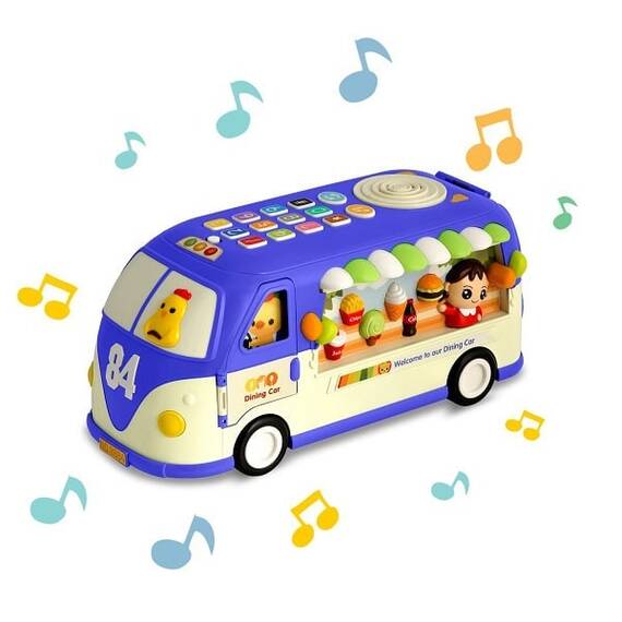 Jucarie educationala , din plastic, sprijina invatarea, alfabetul, numararea, numele animalelor, formele si culorile, cu lumini si sunete, forma de autobuz, albastru. - 6- Roveli