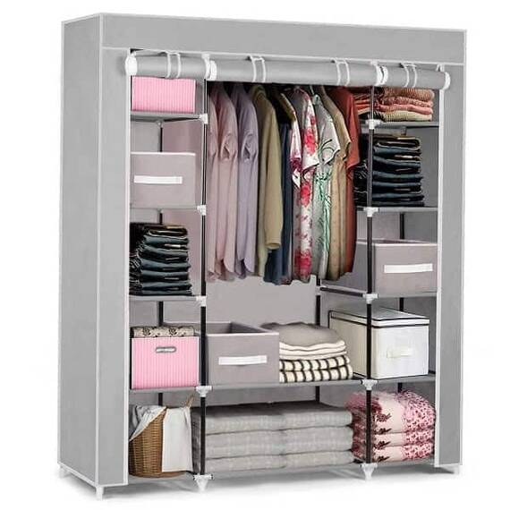 Dulap textil DacEnergy©, cadru din otel, material impermeabil, 12 rafturi, 3 sertare, bara pentru umerase, inchidere cu fermoar, 45 x 135 x 170 cm, gri - 2- Roveli