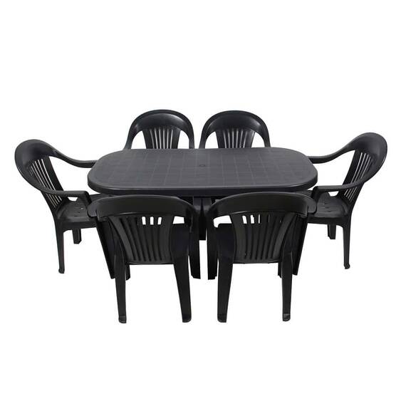 Set mobilier gradina DacEnergy©, fabricat din polipropilena, masa ovala si sase scaune,  rezistent la umiditate si UV, gri - 2- Roveli
