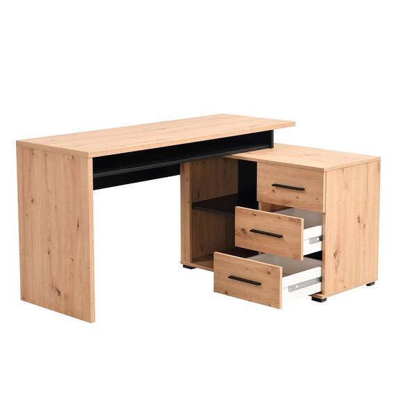 Birou DacEnergy©, din PAL melaminat, stil modern, design functional, de colt, 3 sertare, 3 rafturi, stejar artisan si negru, 137.5 x 75 x 101.5 cm - 2- Roveli