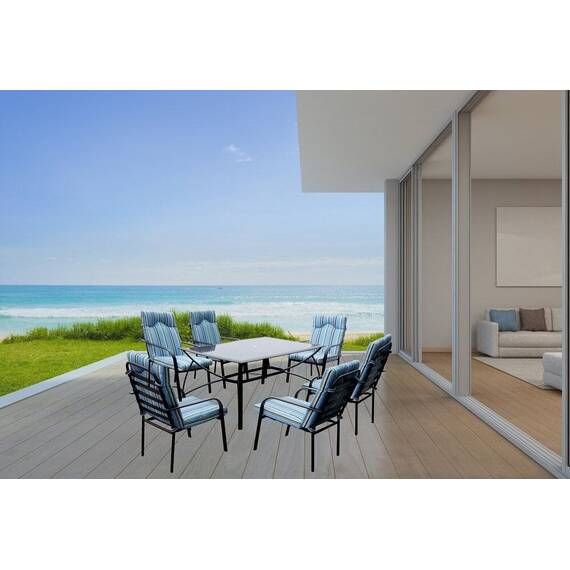 Set masa dreptunghiulara DacEnergy©, structura din otel, blat de sticla, 6 scaune cu perne, 150 x 90 x 72 cm, albastru - 2- Roveli