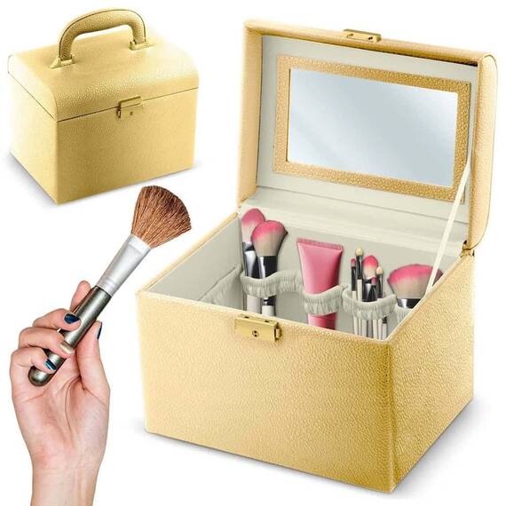 Geanta organizatoare cosmetice DacEnergy©, piele ecologica, rezistent la abraziune, cu cheie, oglinda, compartimente practice, 22,5x 16,5 x 17,2 cm, auriu ​ - 3- Roveli