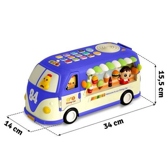 Jucarie educationala , din plastic, sprijina invatarea, alfabetul, numararea, numele animalelor, formele si culorile, cu lumini si sunete, forma de autobuz, albastru. - 7- Roveli
