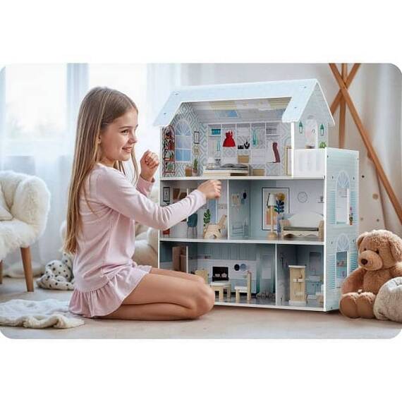 ​Casuta de papusi , din lemn si placa MDF, cu 3 etaje, 11 piese de mobilier, dus, dulap, lampa, fotoliu, 5 camere si terasa, aranjamente interesante, 70 x 60 x 24 cm, albastru - 4- Roveli