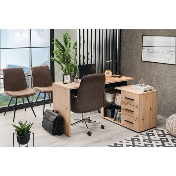 Birou DacEnergy©, din PAL melaminat, stil modern, design functional, de colt, 3 sertare, 3 rafturi, stejar artisan si negru, 137.5 x 75 x 101.5 cm - 3- Roveli