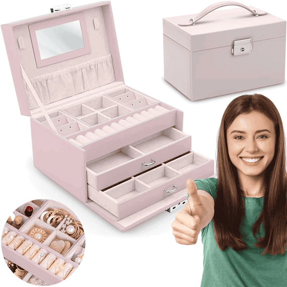 Cutie de bijuterii DacEnergy©, realizata din imitatie de piele, deschiderea in trepte, cu cheita, oglinda, 18,6x 14,8x 11 cm, roz - 2- Roveli