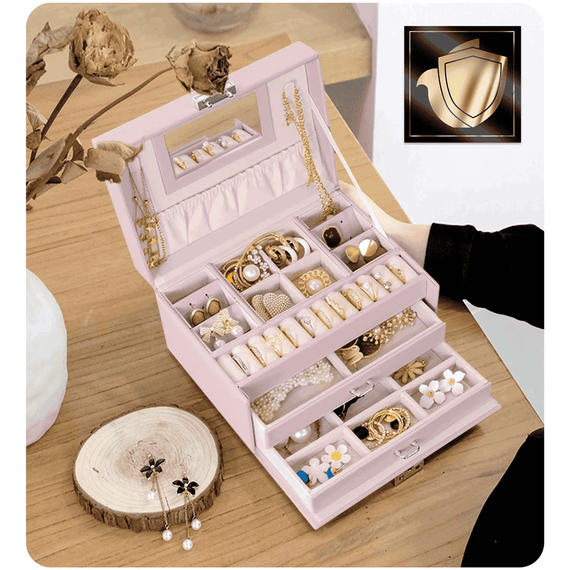 Cutie de bijuterii DacEnergy©, realizata din imitatie de piele, deschiderea in trepte, cu cheita, oglinda, 18,6x 14,8x 11 cm, roz - 3- Roveli