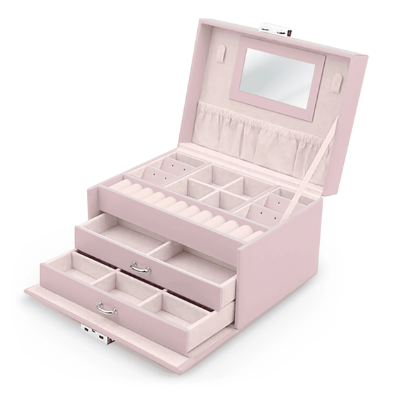 Cutie de bijuterii DacEnergy©, realizata din imitatie de piele, deschiderea in trepte, cu cheita, oglinda, 18,6x 14,8x 11 cm, roz - - Roveli
