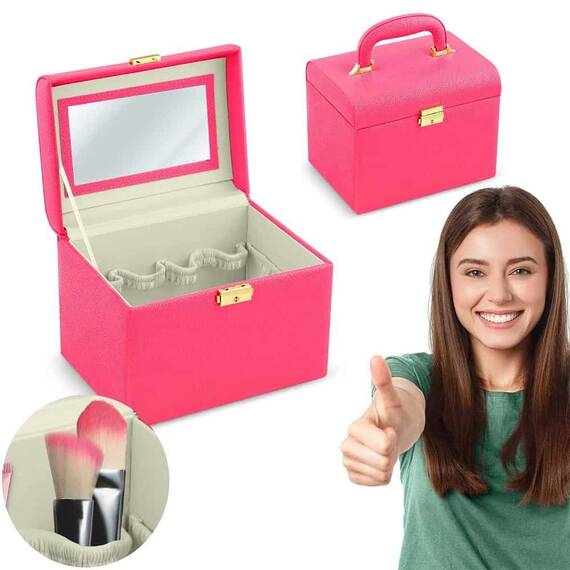 Geanta organizatoare cosmetice DacEnergy©, piele ecologica, rezistent la abraziune, cu cheie, oglinda, compartimente practice, 22,5x 16,5 x 17,2 cm, roz - 4- Roveli