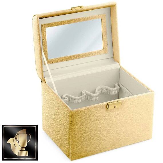 Geanta organizatoare cosmetice DacEnergy©, piele ecologica, rezistent la abraziune, cu cheie, oglinda, compartimente practice, 22,5x 16,5 x 17,2 cm, auriu ​ - 4- Roveli