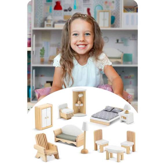 ​Casuta de papusi , din lemn si placa MDF, cu 3 etaje, 11 piese de mobilier, dus, dulap, lampa, fotoliu, 5 camere si terasa, aranjamente interesante, 70 x 60 x 24 cm, albastru - 5- Roveli
