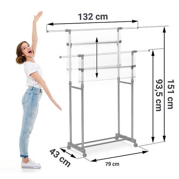 Suport mobil pentru haine DacEnergy©, cu roti, usor, incapator si stabil, spatiu pentru incaltaminte, inaltime reglabila, 151x 43x 79 cm​​​​​​​, negru si argintiu - 4- Roveli
