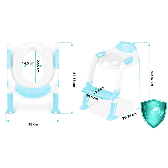 Reductor pentru toaleta cu scarita , 2 in 1,cu un ursulet decorativ, pliabil, picioare anti-alunecare, inaltime reglabila, albastru deschis si alb - 3- Roveli