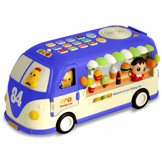 Jucarie educationala , din plastic, sprijina invatarea, alfabetul, numararea, numele animalelor, formele si culorile, cu lumini si sunete, forma de autobuz, albastru. - - Roveli