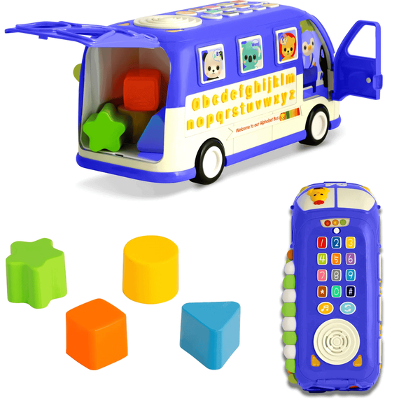 Jucarie educationala , din plastic, sprijina invatarea, alfabetul, numararea, numele animalelor, formele si culorile, cu lumini si sunete, forma de autobuz, albastru. - 4- Roveli