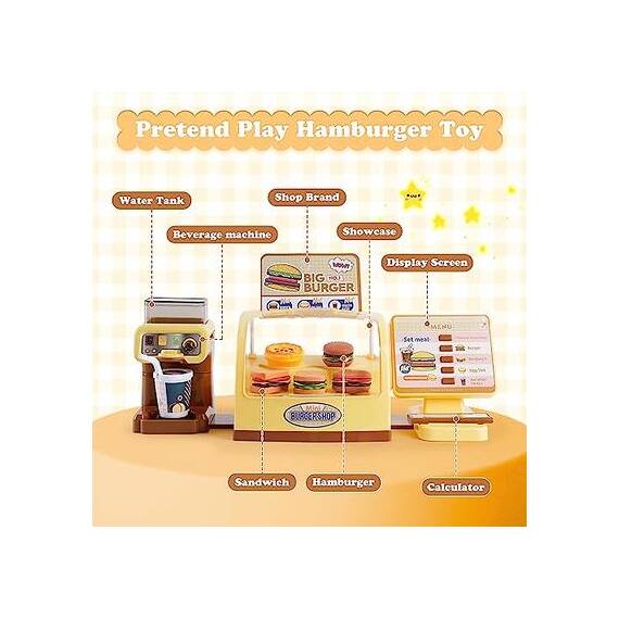 Set joc de rol DacEnergy©, casa de marcat, aparat cafea, hamburger fastfood, cu sunet, joc imaginativ si de dezvoltare a abilitatilor, 30 x 15 x 20 cm, 25 de bucati - 4- Roveli