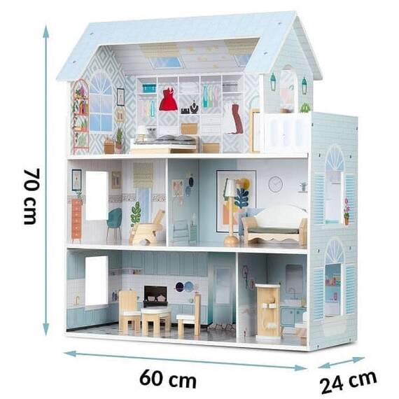 ​Casuta de papusi , din lemn si placa MDF, cu 3 etaje, 11 piese de mobilier, dus, dulap, lampa, fotoliu, 5 camere si terasa, aranjamente interesante, 70 x 60 x 24 cm, albastru - 6- Roveli