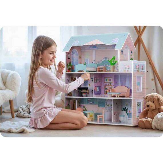 ​Casuta de papusi , din lemn si placa MDF, cu 3 etaje, 12 piese de mobilier, 5 camere si terasa, 70 x 60 x 24 cm, roz - 5- Roveli