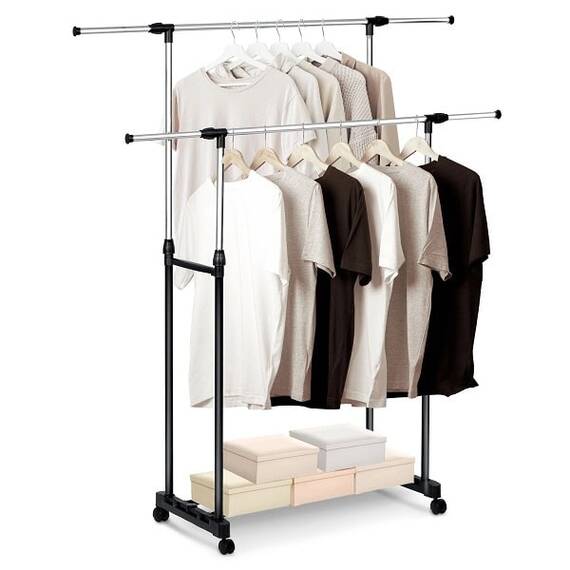 Suport mobil pentru haine DacEnergy©, cu roti, usor, incapator si stabil, spatiu pentru incaltaminte, inaltime reglabila, 151x 43x 79 cm​​​​​​​, negru si argintiu - 5- Roveli