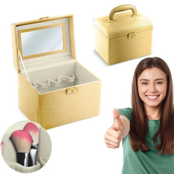 Geanta organizatoare cosmetice DacEnergy©, piele ecologica, rezistent la abraziune, cu cheie, oglinda, compartimente practice, 22,5x 16,5 x 17,2 cm, auriu ​ - 6- Roveli