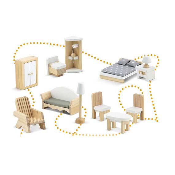​Casuta de papusi , din lemn si placa MDF, cu 3 etaje, 11 piese de mobilier, dus, dulap, lampa, fotoliu, 5 camere si terasa, aranjamente interesante, 70 x 60 x 24 cm, albastru - 7- Roveli