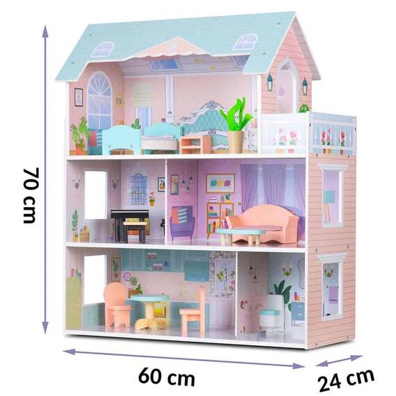 ​Casuta de papusi , din lemn si placa MDF, cu 3 etaje, 12 piese de mobilier, 5 camere si terasa, 70 x 60 x 24 cm, roz - 6- Roveli