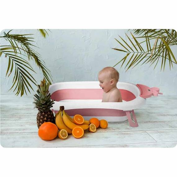 Cada de baie pentru bebelusi, realizata din plastic, cu termometru, pliabila, picioare antiderapante, design ergonomic, alb si roz - 7- Roveli