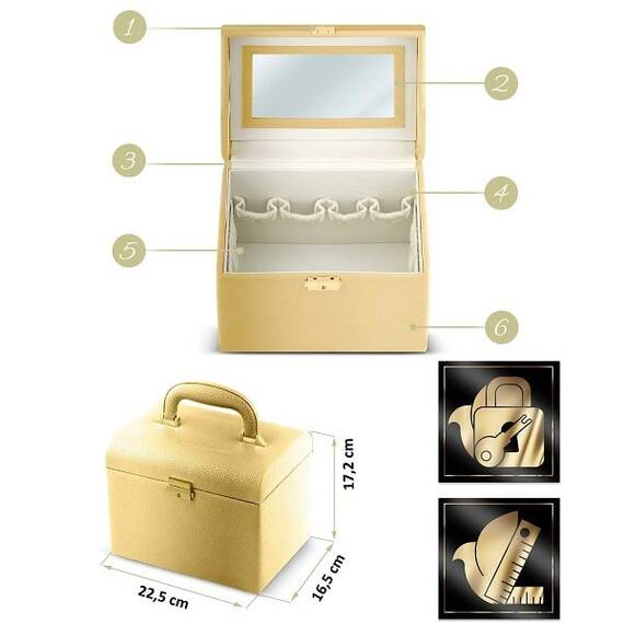 Geanta organizatoare cosmetice DacEnergy©, piele ecologica, rezistent la abraziune, cu cheie, oglinda, compartimente practice, 22,5x 16,5 x 17,2 cm, auriu ​ - 7- Roveli