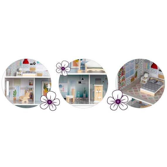 ​Casuta de papusi , din lemn si placa MDF, cu 3 etaje, 11 piese de mobilier, dus, dulap, lampa, fotoliu, 5 camere si terasa, aranjamente interesante, 70 x 60 x 24 cm, albastru - 8- Roveli