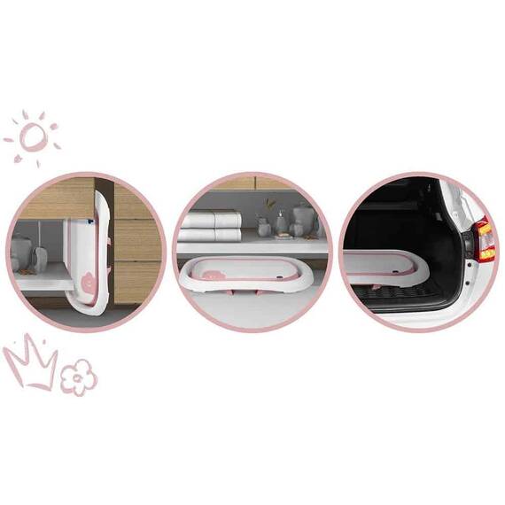 Cada de baie pentru bebelusi, realizata din plastic, cu termometru, pliabila, picioare antiderapante, design ergonomic, alb si roz - 8- Roveli