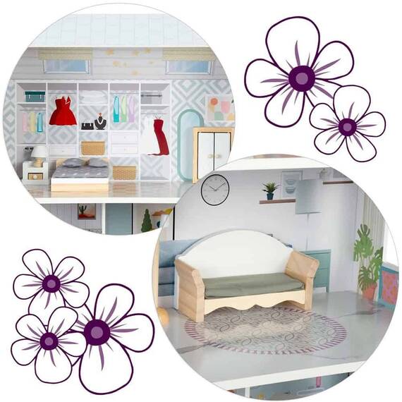 ​Casuta de papusi , din lemn si placa MDF, cu 3 etaje, 11 piese de mobilier, dus, dulap, lampa, fotoliu, 5 camere si terasa, aranjamente interesante, 70 x 60 x 24 cm, albastru - 9- Roveli